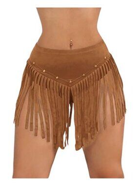 Fringe Trim Beaded Star Mini Skirt Low Rise Flared Western Built-in Shorts